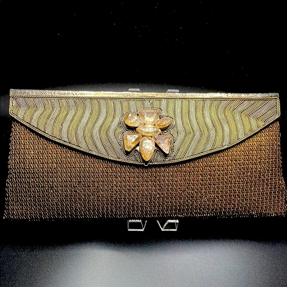 MEERA MAHADEVIA~GOLD BRONZE MESH METAL CLUTCH~CREAMY BEIGE STONES~SILK LINED